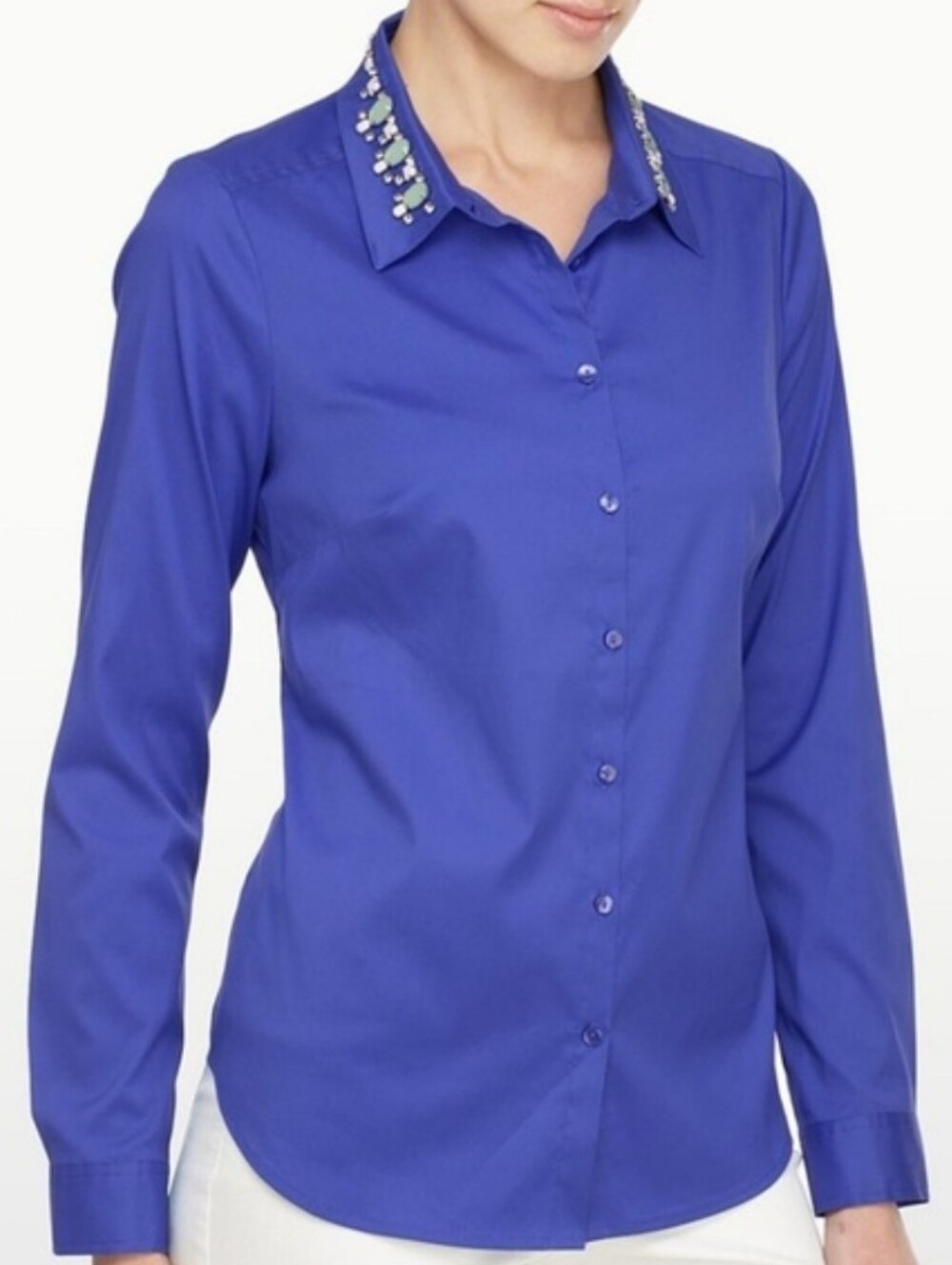 NYDJ Fit Solution Embellished Jeweled Collar Button Up Ultramarine Blue XXS